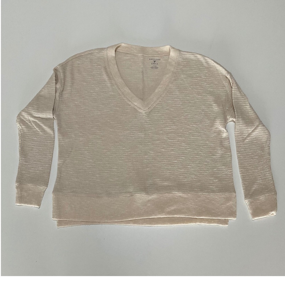 American Eagle Women Small Waffle Knit V-Neck Pullover Sweater Cream Relaxed Fit